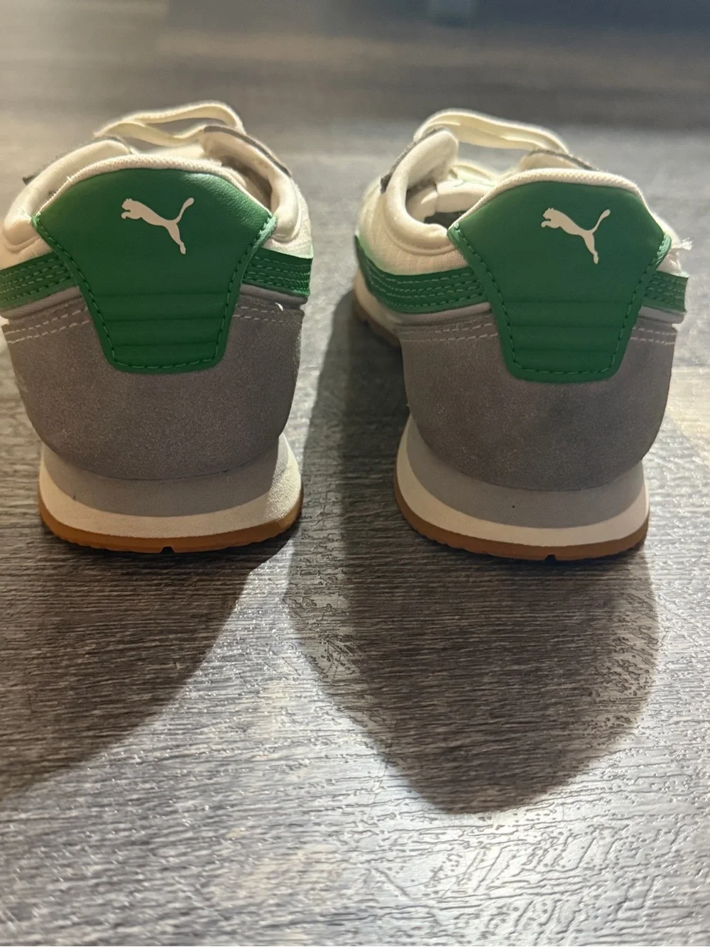 Puma Kids Sneakers Size 1C White Gray Green Suede Lace Up Shoes sporty